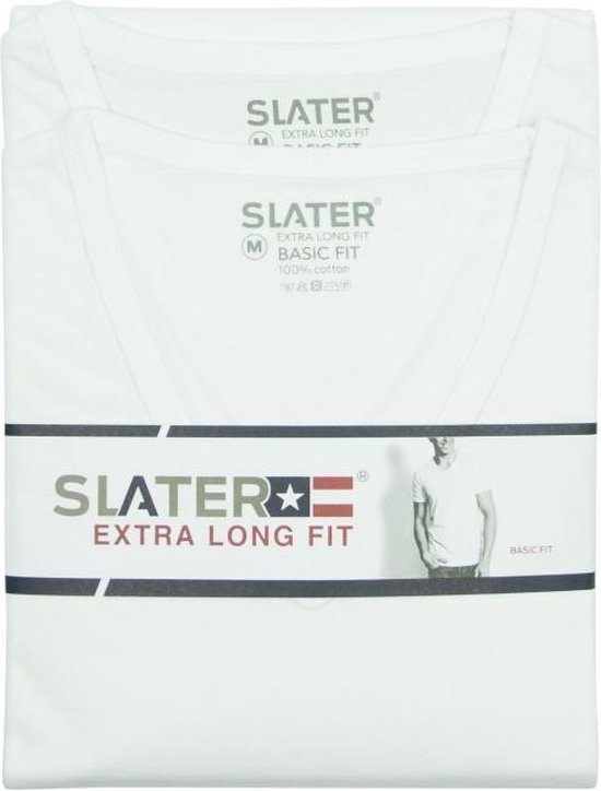 Verpakking met twee witte V-hals T-shirts met korte mouwen, basic fit, extra lang, van Slater.