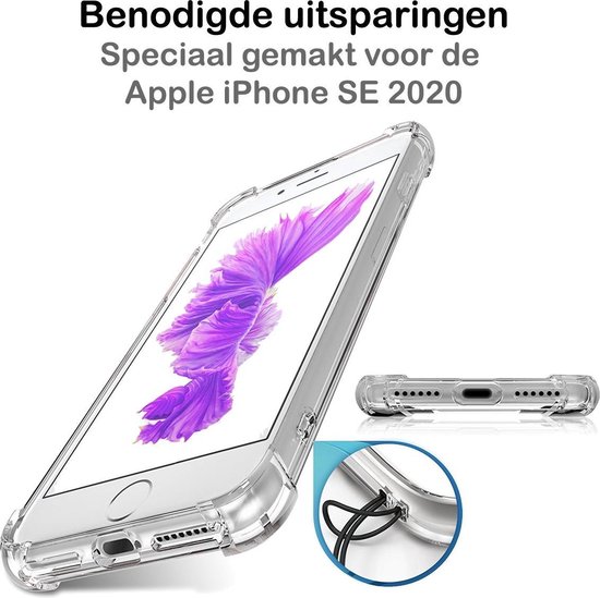 Transparante hoes voor iPhone SE 2020 met uitsparingen voor knoppen en laadpoort.