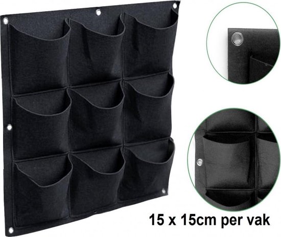 Verticale tuin met 9 grote vakken - 50cm x 50cm- hangende tuin - zwart - zwarte wand - groene muur - verticale moestuin zakken - plantenhanger balkon - plantenbak - plantenzak, 0.5 x 0.5 meter Beactiff®