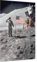 Astronaut gives salute beside U.S. flag (maanlanding) - Foto op Plexiglas - 30 x 40 cm