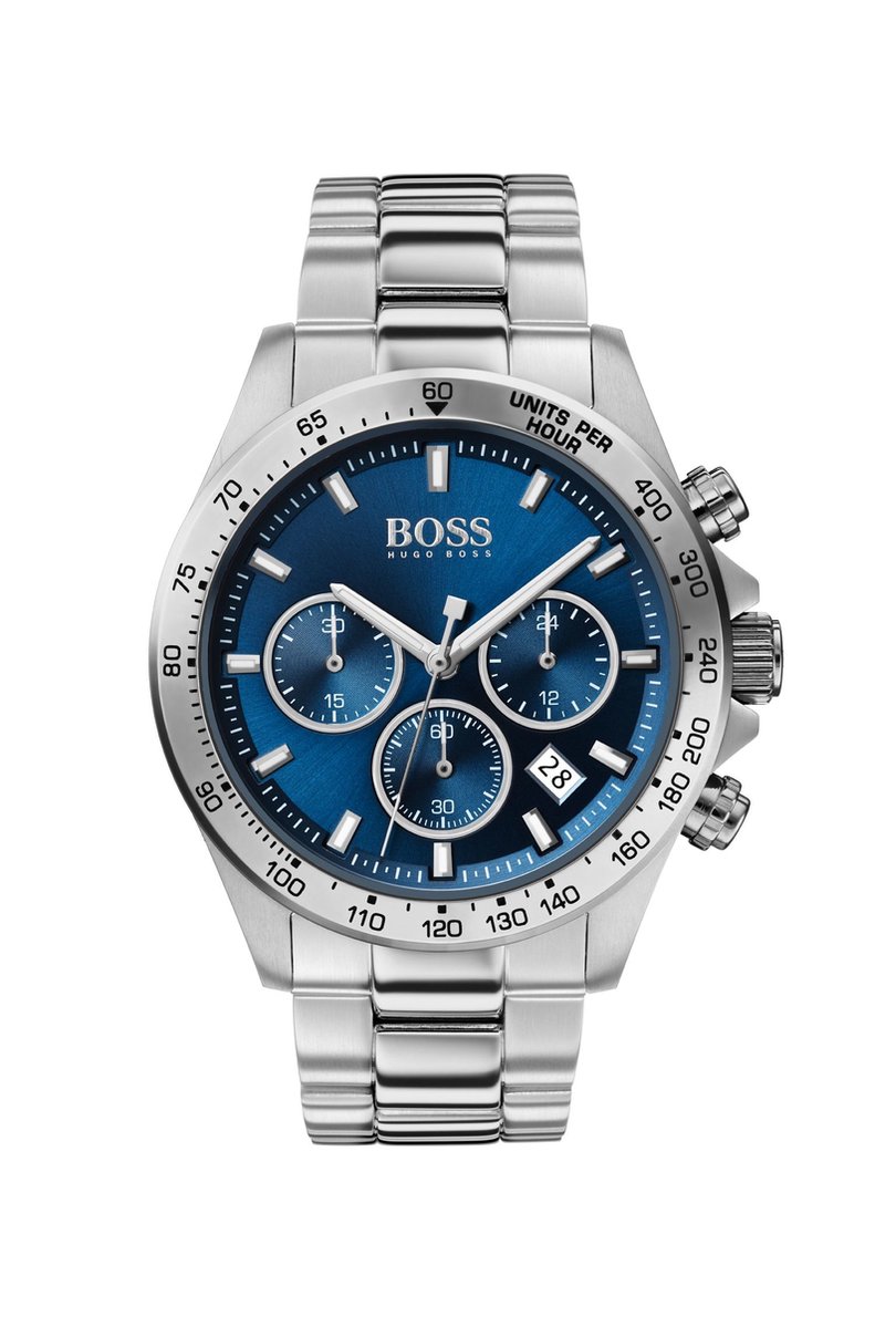 BOSS HB1513755 HERO Heren Horloge - Chronograaf - Mineraalglas - Roestvrijstaal - Blauw-Zilverkleurig - Ø 43 mm - Quartz - Druksluiting