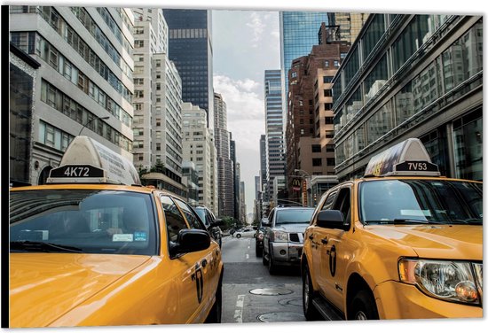 Dibond –Gele Taxi's in de Stad– 90x60 Foto op Aluminium (Met Ophang)