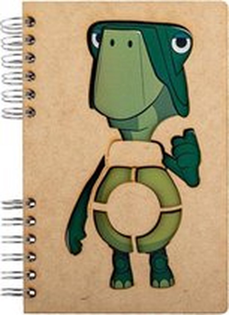 KOMONI - Duurzaam houten Notitieboek - Dagboek - Gerecycled papier - Navulbaar - A6 - Gelinieerd - Fabeltjeskrant: Stoffel Schildpad