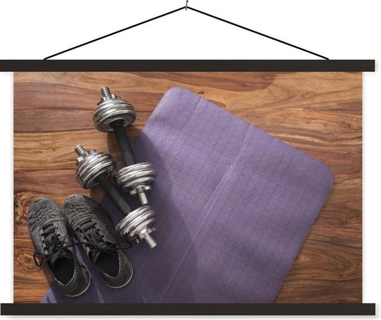 De twee gewichten en sportschoenen zijn klaar voor de fitness schoolplaat  platte | bol.com