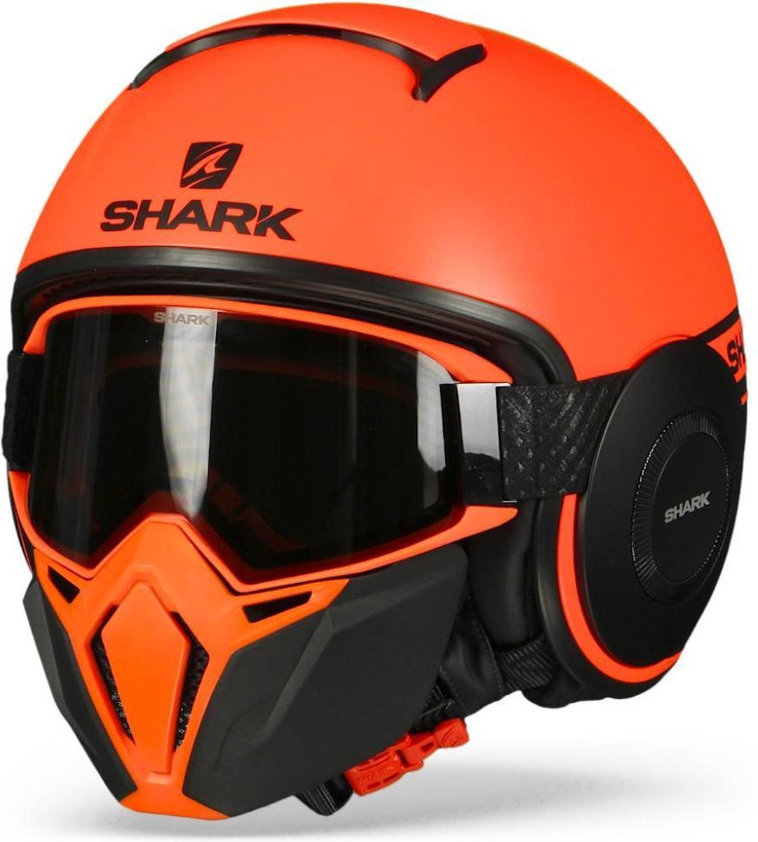 Shark Street Drak Neon Serie Mat Oranje Zwart Zwart Okk Jethelm - Motorhelm - Maat S