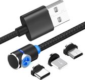 3-in-1 nylon magnetische kabel – 360° roteerbaar – 3.0A Max. Snel opladen – USB laad en datakabel – MICRO USB / TYPE C / Lightning 8-Pin iPhone – MIDNIGHT BLACK