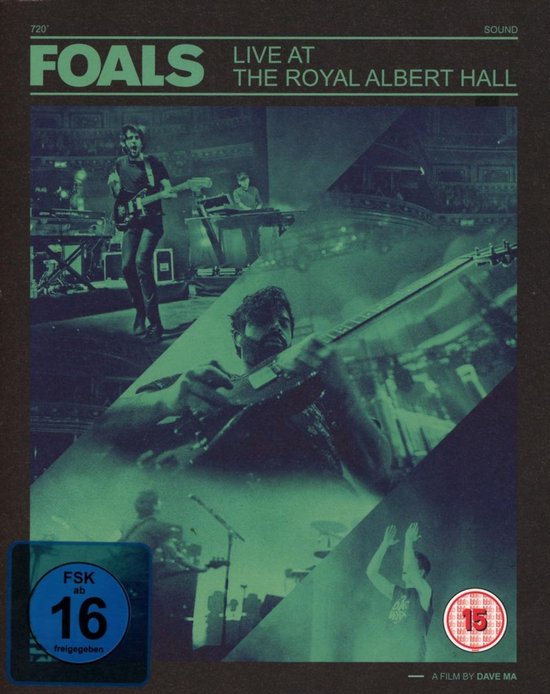 Foals Live at The Royal Albert Hall DVD. Collage van live optredens in groentinten met tekst. FSK 16 keurmerk.