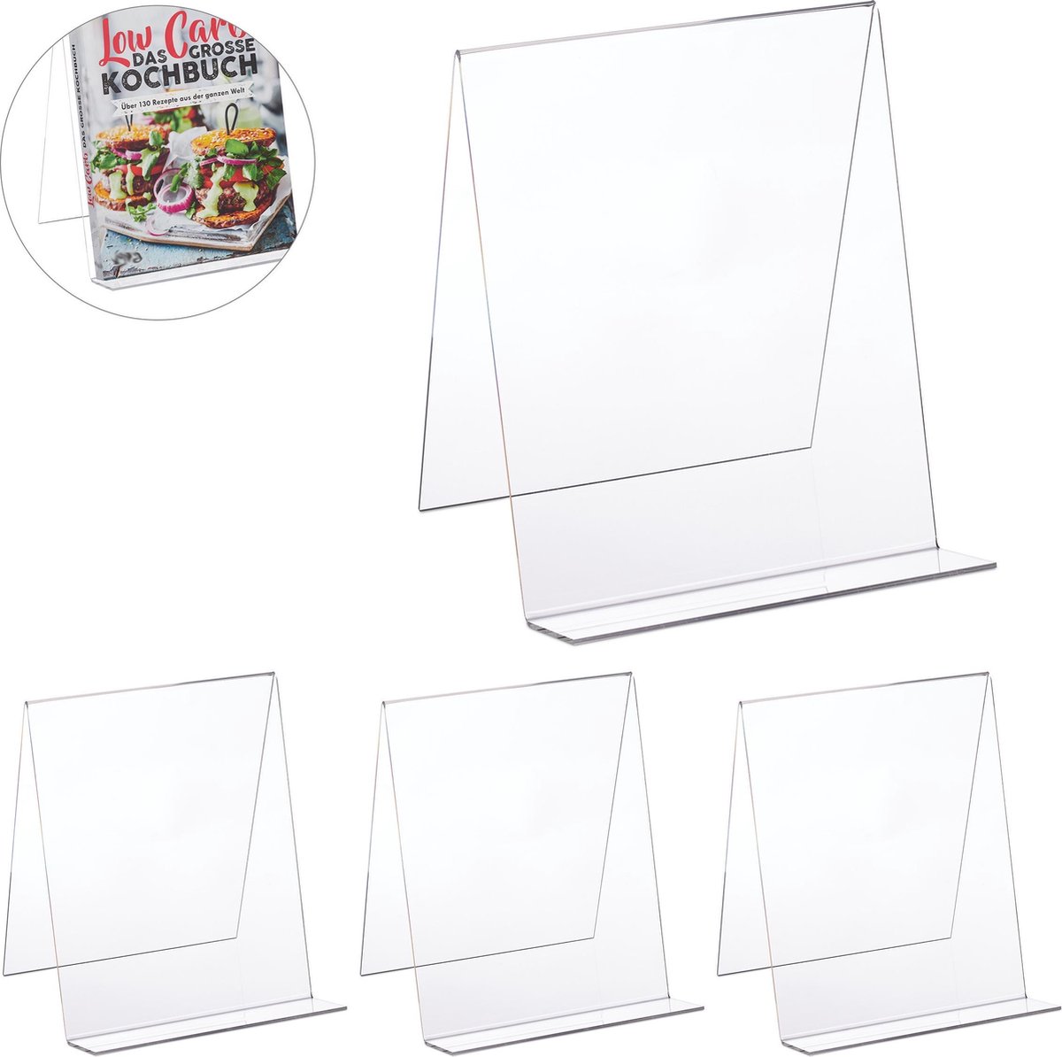 Relaxdays 4x boekenstandaard transparant kookboekstandaard kookboekhouder acryl