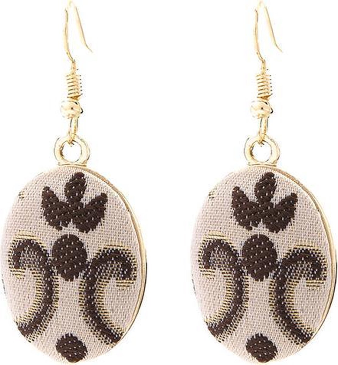 Viva Jewellery oorhangers ovaal met werkje en beige velours stof.
