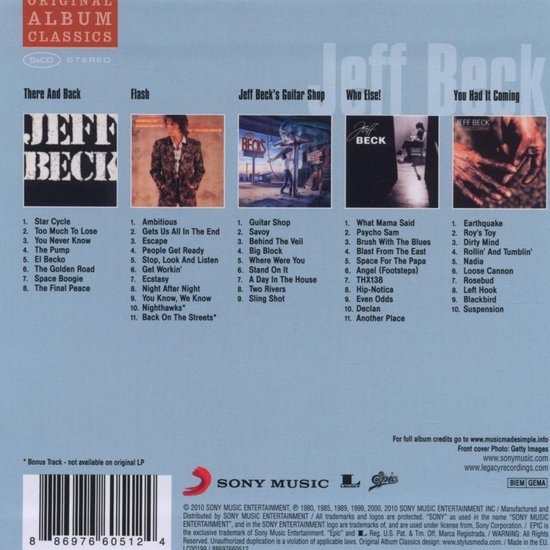 Jeff Beck - Original Album Classics 5 CD boxset met een collage van albumhoezen en tracklijsten.