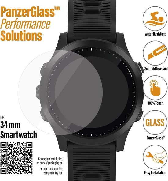 Zwarte smartwatch met PanzerGlass™ screenprotector, 34mm, met iconen voor waterbestendig, krasbestendig, 100% touch, glas en eenvoudige installatie.