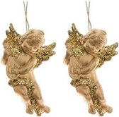 2x Gouden engelen met lute kerstversiering hangdecoratie 10 cm - Kerstversiering/decoratie