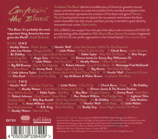Achterkant van de albumhoes met tracklijsten voor Disc 1 en Disc 2. Tekst: Confessin' the Blues.