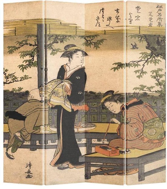 Fine Asianliving Japans Kamerscherm Oosters Scheidingswand B160xH180cm 4 Panelen Kimono Kalligrafie Kiyonaga