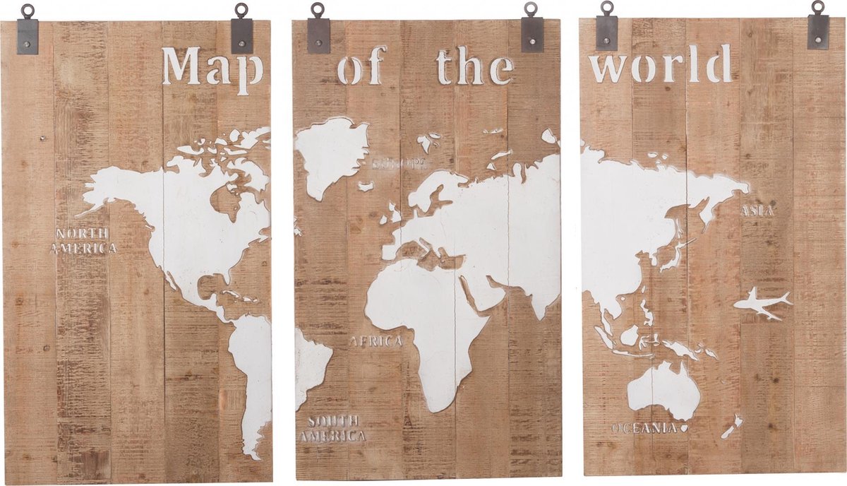 Geruïneerd Diplomatieke kwesties College Houten wereldkaart 3 luik - de wereld op hout - naturel / wit 210 x 121 x 4  cm | bol.com