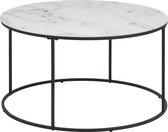 Bolt salontafel glas, wit marmer print, zwart frame.