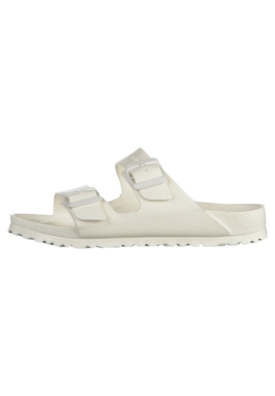 Witte Birkenstock Arizona EVA slipper met twee bandjes, gesp en gegraveerd logo.