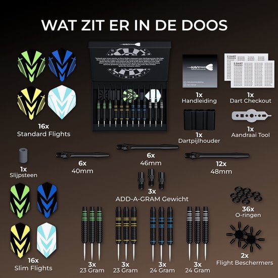 Navy Strikes Dartpijlen Set 23 24 Gram - Set van 12 Pijlen - 2 Soorten Grip - Flights Darts en Dart Shafts - Darten - 108 Delige Set - Smal - Incl Add-a-Gram 25 Gram van Navy Strikes — afbeelding 2