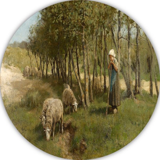 Ronde wandcirkel van een schilderij met schapen en een herder in een bosrijke omgeving.