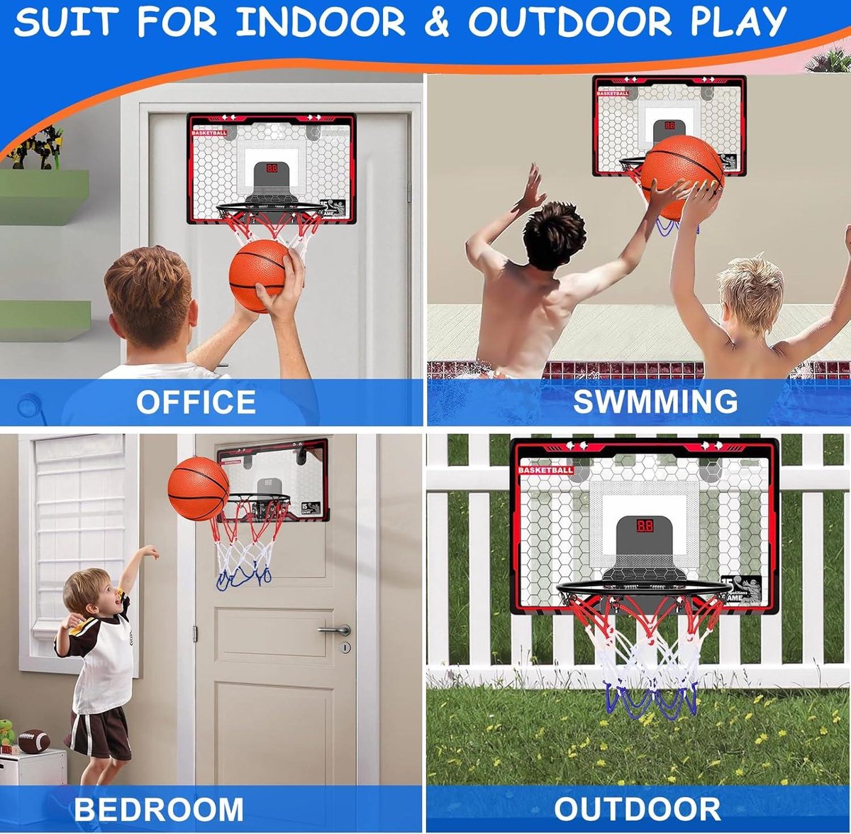 Mini Panier Basketball Intérieur Mobile – Avec Télécommande, LED 10 Couleurs, Scoreboard, 4 Balles Lumineuses, Pompe & Effets Sonores