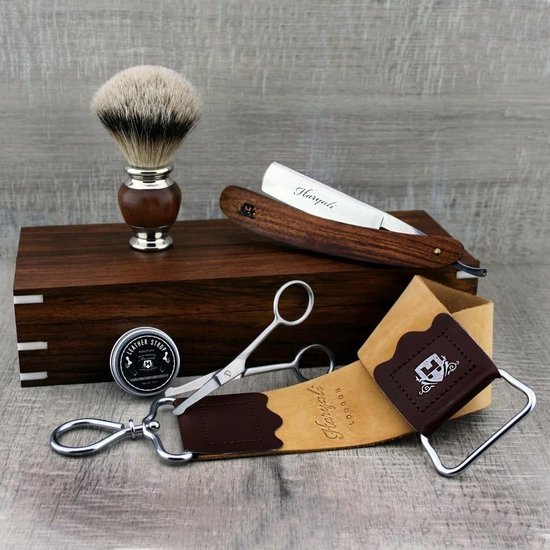 Haryali London Handgemaakte houten scheerset voor mannen met scheerkwast, scheermes, leren band, schaar, stroppasta, scheerset voor professionele salon, geleverd in houten kist