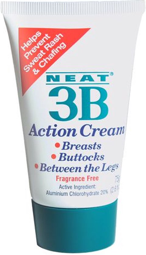 Neat 3B Action Cream tube. Helpt zweetuitslag en schuren voorkomen. Voor borsten, billen en tussen de benen.
