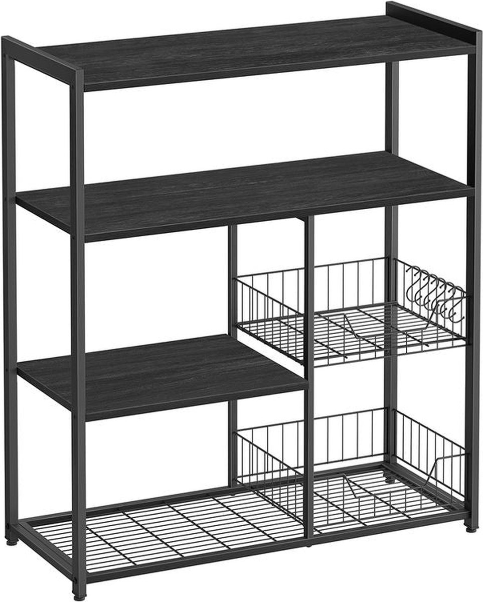 Keukenrek – Keukenkast – Opbergkast – 4 niveaus – Metalen frame – Houten planken – Zwart