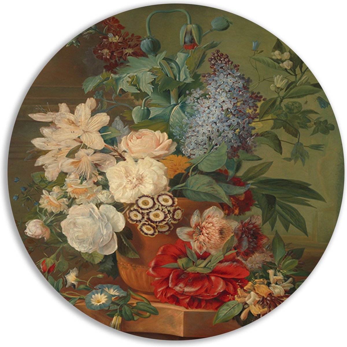 Bloemen in een terracotta vaas - Albertus Jonas Brandt schilderij - Bloemen wandcirkel - Muurcirkels Natuur - Moderne schilderijen - Wandcirkel - Muurkunst muurcirkel forex 40x40 cm