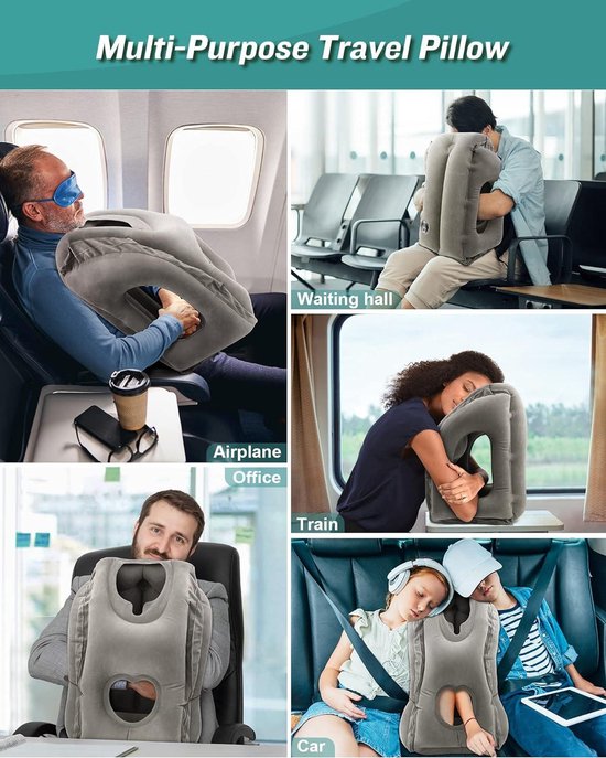 Framehack Zacht Opblaasbaar Reiskussen Inclusief 3D Slaapmasker En Handig Opbergzakje Travel Pillow Nekkussen Luxe Reiskussen Multifunctioneel Kussen Voor Onderweg Compact Co