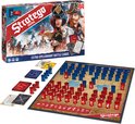 Stratego Original spel inclusief speelbord, rode en blauwe pionnen en speelkaarten, met de speldoos ernaast.