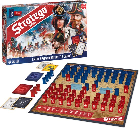 Stratego Original spel inclusief speelbord, rode en blauwe pionnen en speelkaarten, met de speldoos ernaast.