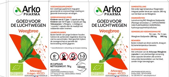 Arkocaps Weegbree verpakking met groene bladeren en een bloemig plantje.