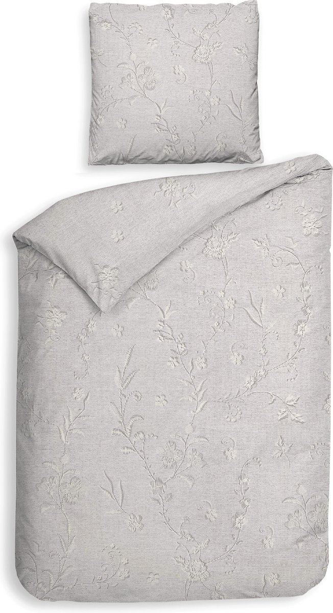 Heckettlane Dekbedovertrek Broidy - Bedlinnen met Borduring print - 155x220 - Grijs - Dekbedhoes van 100% Katoen-Twill