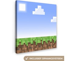 Canvas schilderij 90x90 cm - Wanddecoratie Gaming - Pixel - Gamen - Gras - Muurdecoratie game room - Gaming kamer decoratie - Gameroom accessoires - Schilderijen