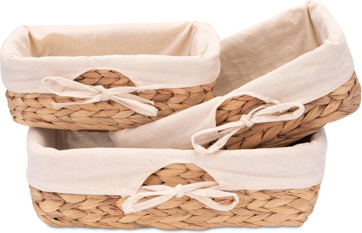 Set van 3 gevlochten broodmandjes - Zeegras en waterhyacint met linnen doek
