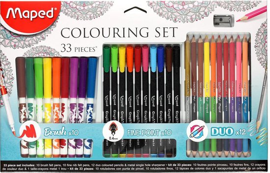 Set de coloriage Feutres 33 pièces PINCEAU, pointe fine GRAPH'PEPS, crayons de couleur DUO, taille-crayon