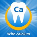 Logo met een tand en "Ca", "With calcium".