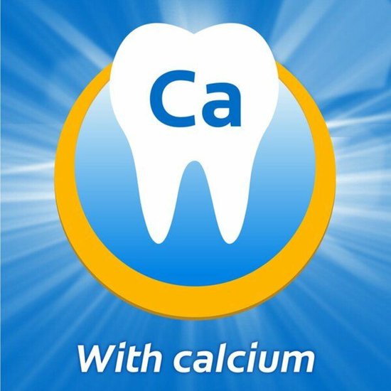 Logo met een tand en "Ca", "With calcium".