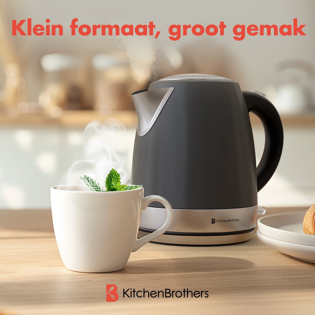 KitchenBrothers Waterkoker - Elektrisch - 1 Liter - PFAS- & BPA-vrij - Klein Camping Formaat - Reiswaterkoker met Kalkfilter - Titanium Grijs/RVS — afbeelding 2