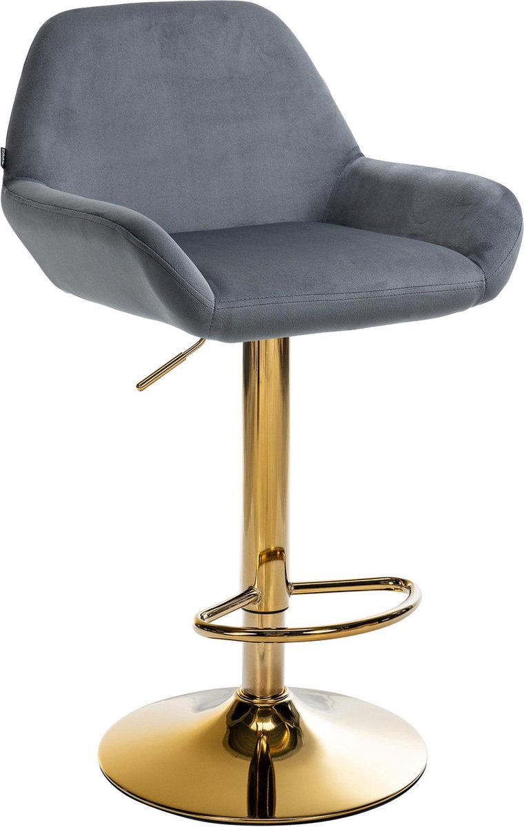 CLP Braga Barkruk - Met rugleuning - Met gouden frame - Verstelbaar - Fluweel - Velvet - donkergrijs/goud