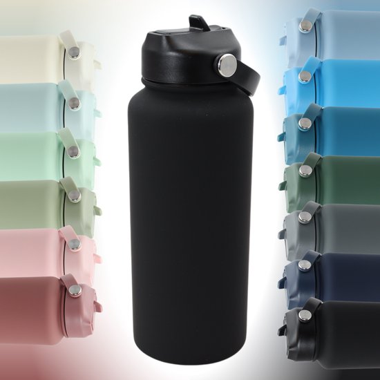 Thermos waterfles 1 liter - Isolerende Waterfles met Draaibare Drinktuit - Houdt Koud Drinken Écht KOUD - Night Black - Drinkfles voor Volwassenen met Handvat - Zwart