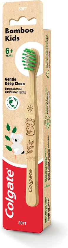 Brosse à dents Colgate Bamboo Kids, souple, 6 ans et plus, dans son emballage d'origine avec une image de koala.