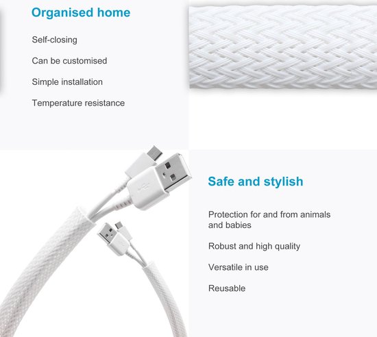 Flexibel geweven kabelmantel, zelfsluitende kabelgoot, kabelbescherming, op maat te snijden, kabel, spiraalslang, kabelbekleding, kabelmanagement voor tv, computer, autokabel, wit (13 mm/6 m