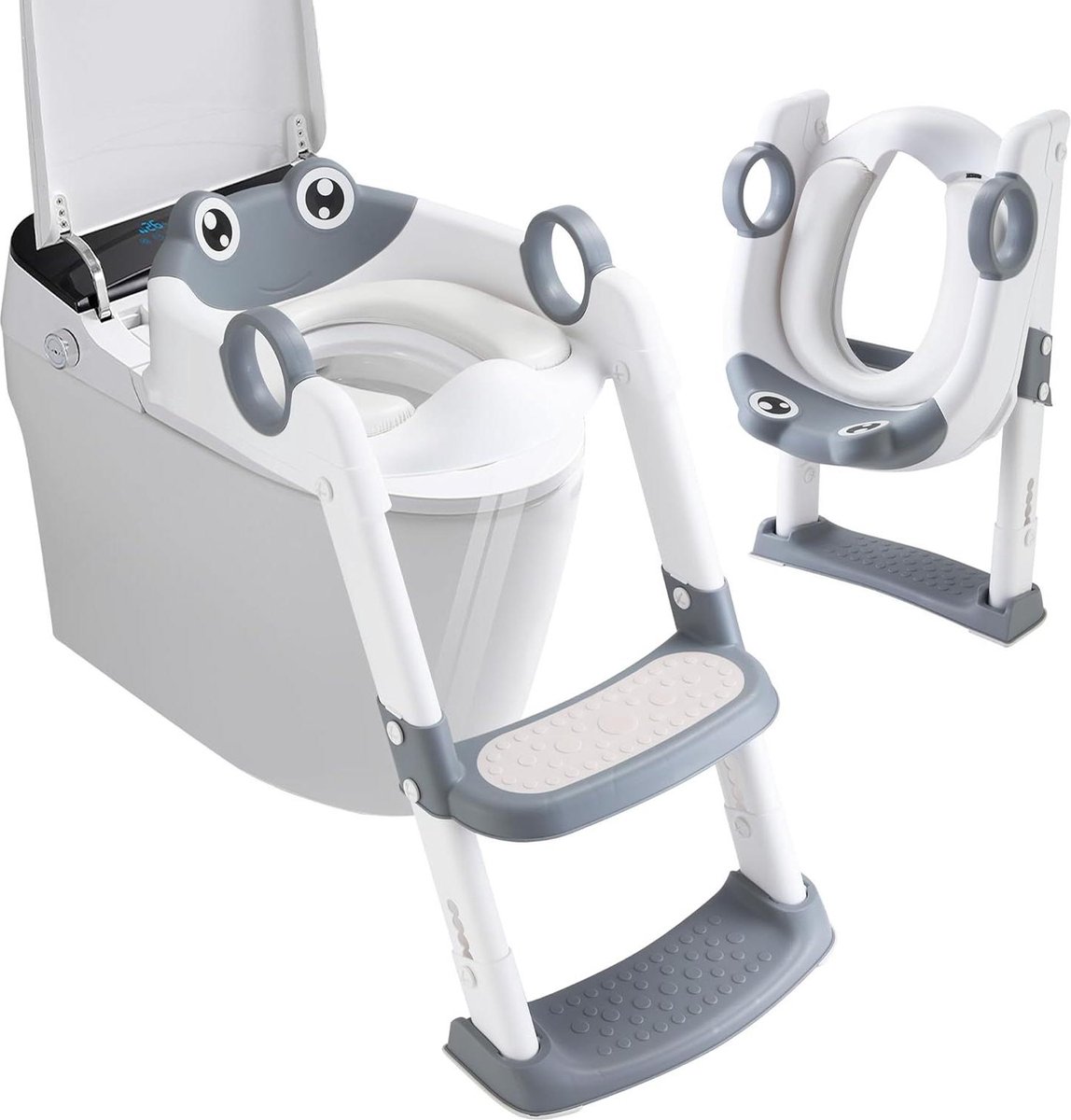 Goedkoopste Toiletbril voor kinderen met ladder en veiligheidsleuning - Opvouwbaar PVC kussen - Geschikt voor kinderen van 1 tot 7 jaar - Grijs-wit Toiletbril voor kinderen