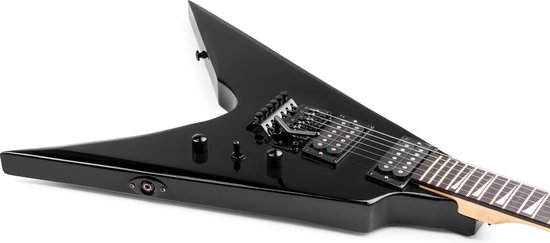 Zwarte elektrische gitaar, close-up van de body, zilverkleurige hardware en zwarte elementen.