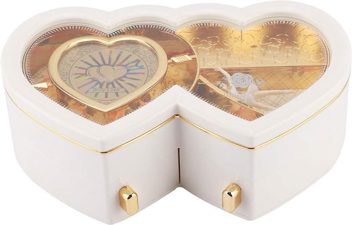 Muzikale juwelendoos, dubbel hart ballerina Muzikale juwelendoos opbergdoos voor kleine meisjes, hartvormige roterende danseres Muziekdoos voor oorbel ketting armband(wit