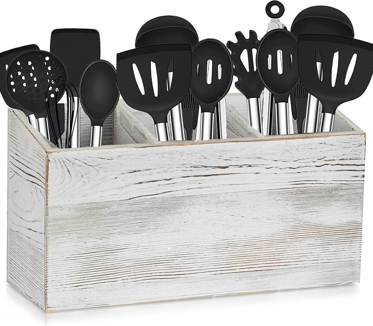 Houten Keukengerei Organizer - Vintage Wit Bestek Caddy met 3 Compartimenten
