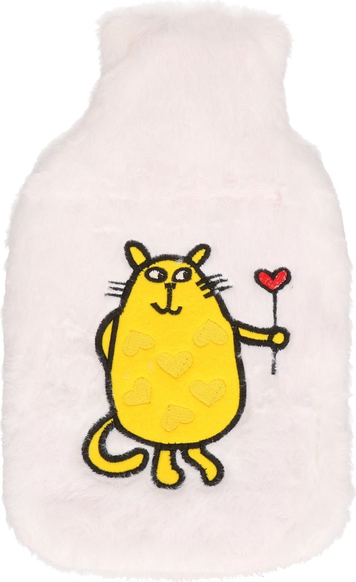 Goedkoopste Witte kruik met oranje kat/poes 2 liter - Warmwaterkruik met pluche hoes/kruikenzak
