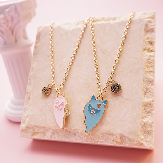 Kasey Friendship Necklace Alpacas BFF - BFF Necklace For 2 - Colliers d'amitié - Cadeau d'amitié - Rose & Bleu clair - Couleur or