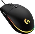 Zwarte Logitech G gamingmuis met iconische 'G' en regenboog RGB-verlichting.